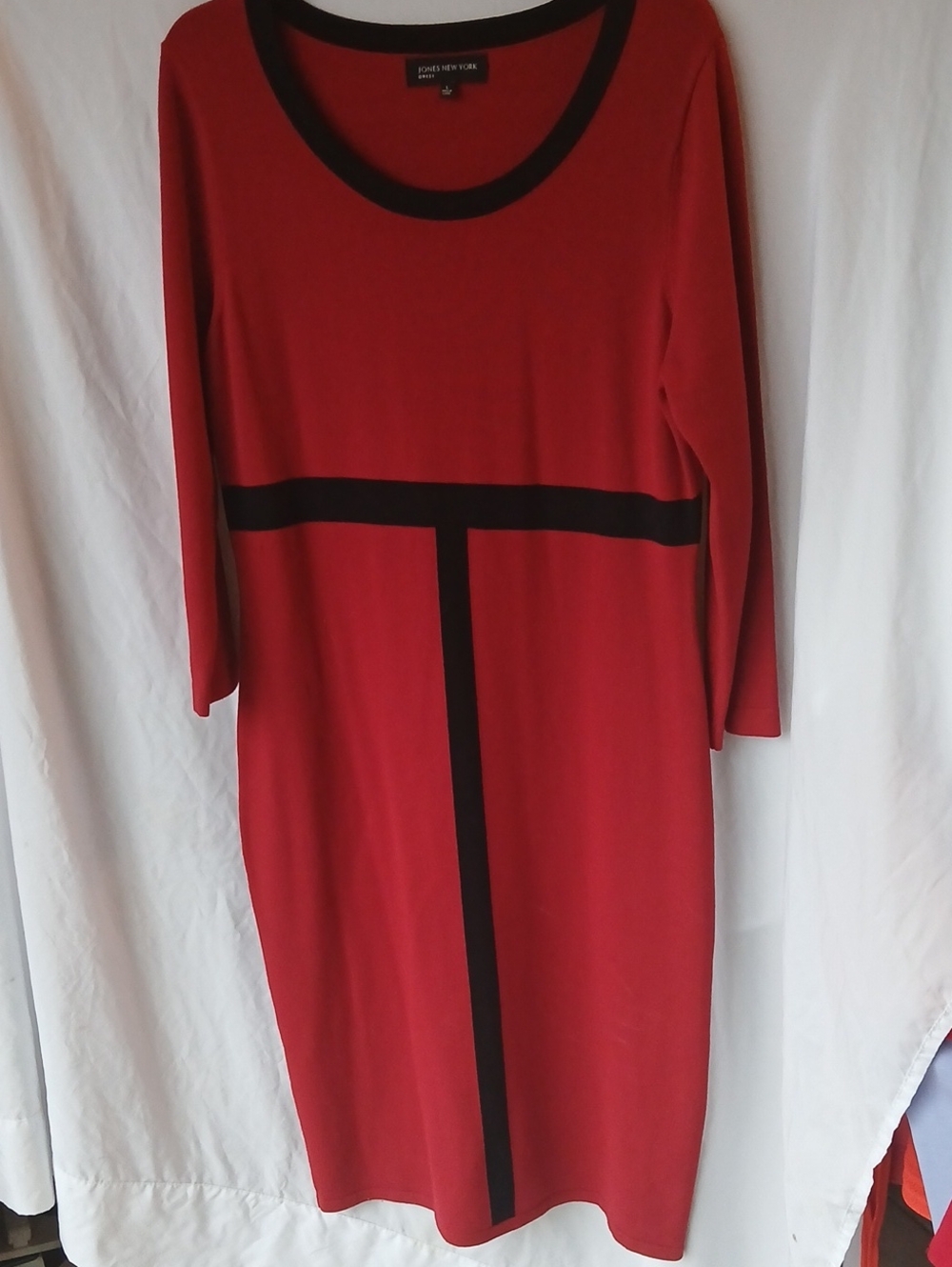 Jones New York Red Long-Sleeve Knit Dress with Black Trim